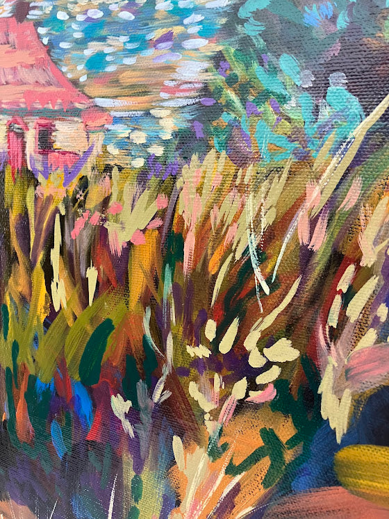 Colorful abstract painting of a landscape with grass and a cottage.