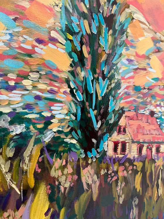 Colorful abstract painting of a landscape with a cottage in the background